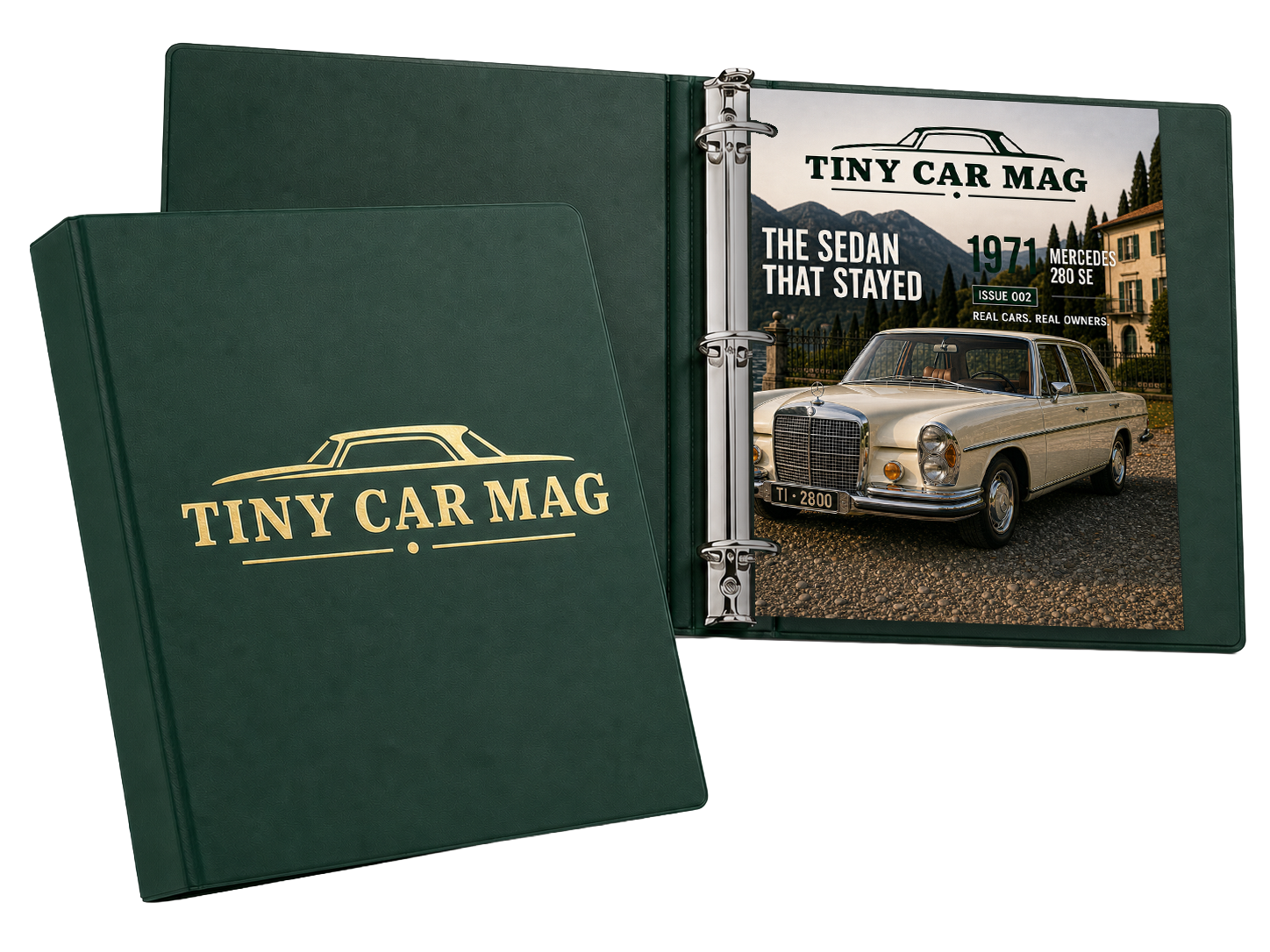 Tiny Car Mag green archive binder with a featured Mercedes issue installed
