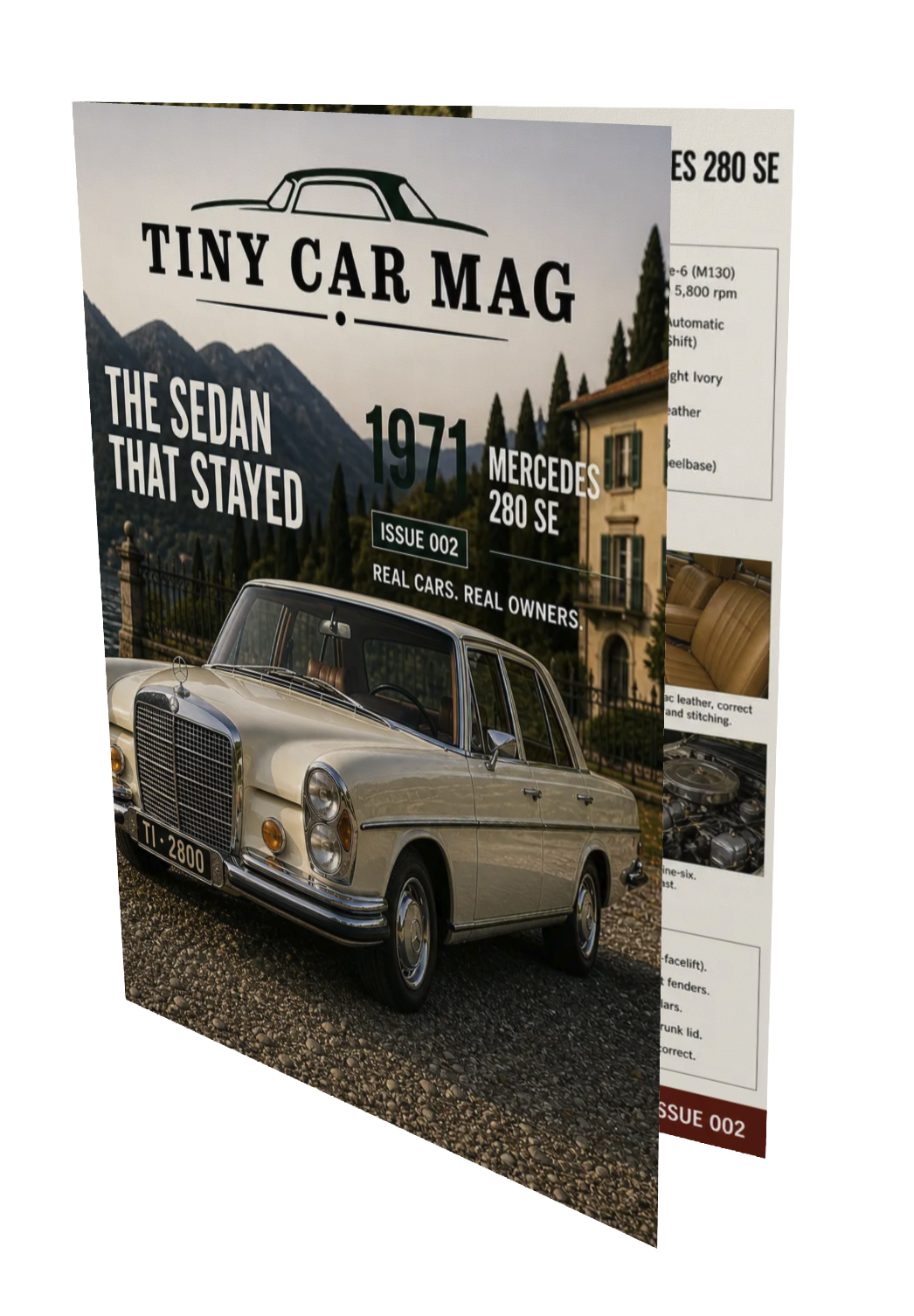 Folded Tiny Car Mag issue showing the front cover and inside page